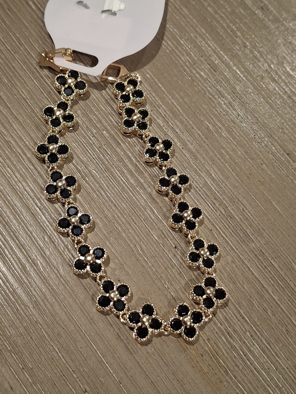 Gold Floral Link Necklace with Black Stones - Unbranded
